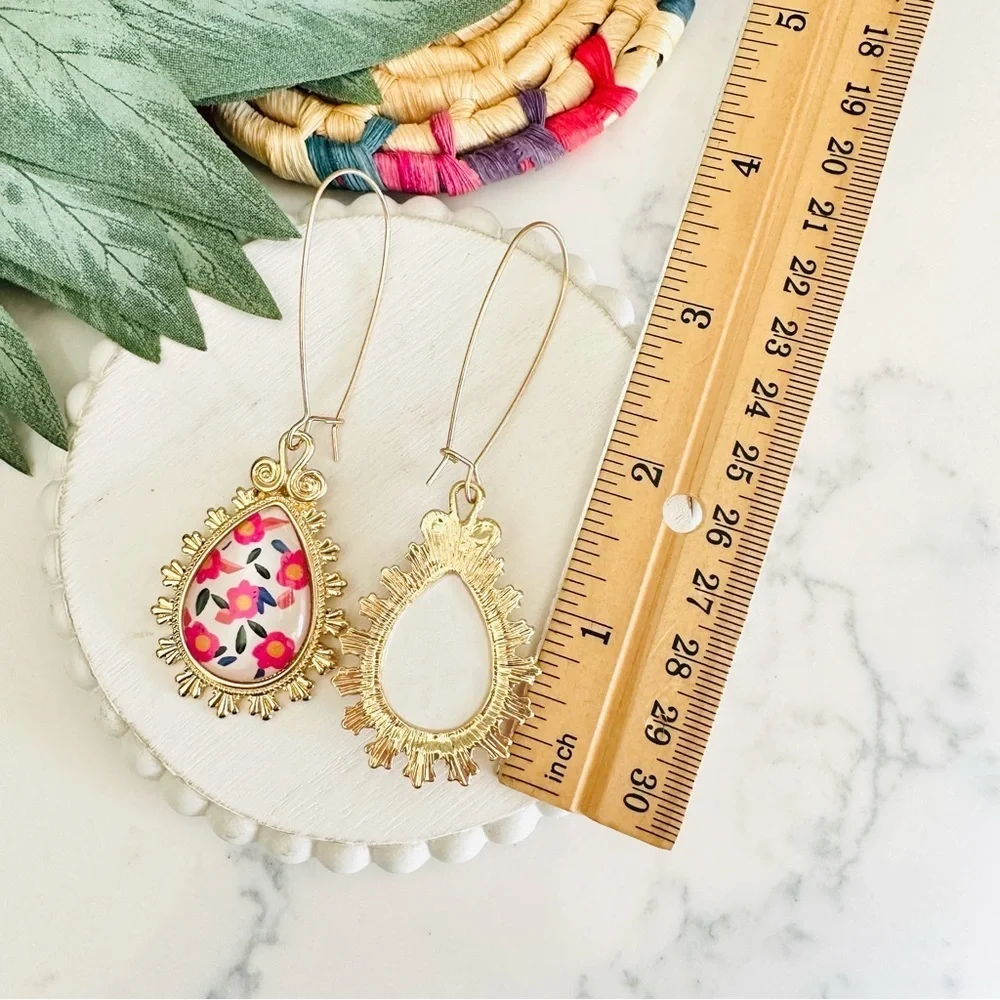 2/$30🌵 Gold Pink Floral Teardrop Cabochon Earrings NEW Jewelry Gift Long Dangle